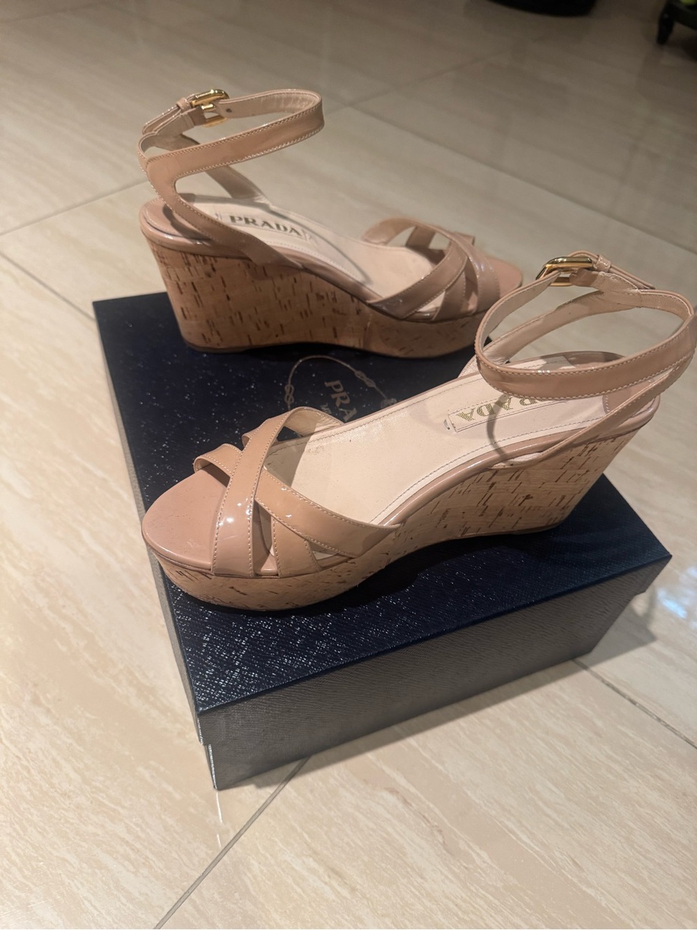 Prada Nude Patent Leather Cork Wedge Sandals
